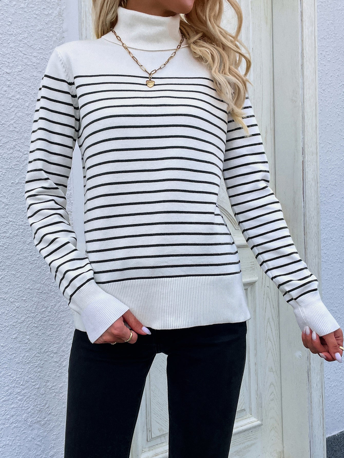 Cream Stripe Turtleneck Knit Top
