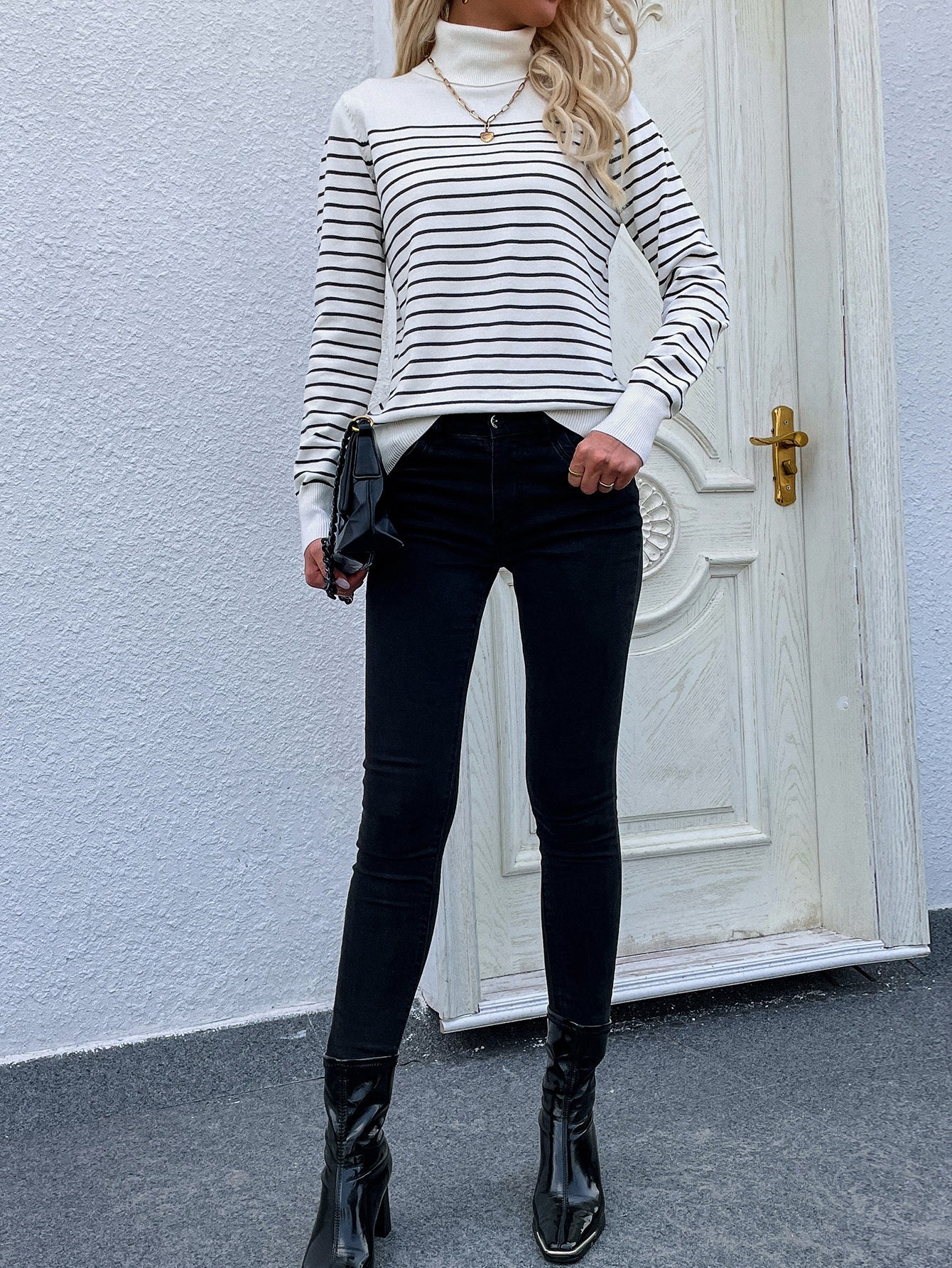 Cream Stripe Turtleneck Knit Top