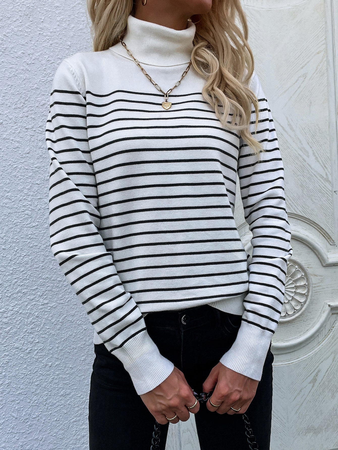 Cream Stripe Turtleneck Knit Top