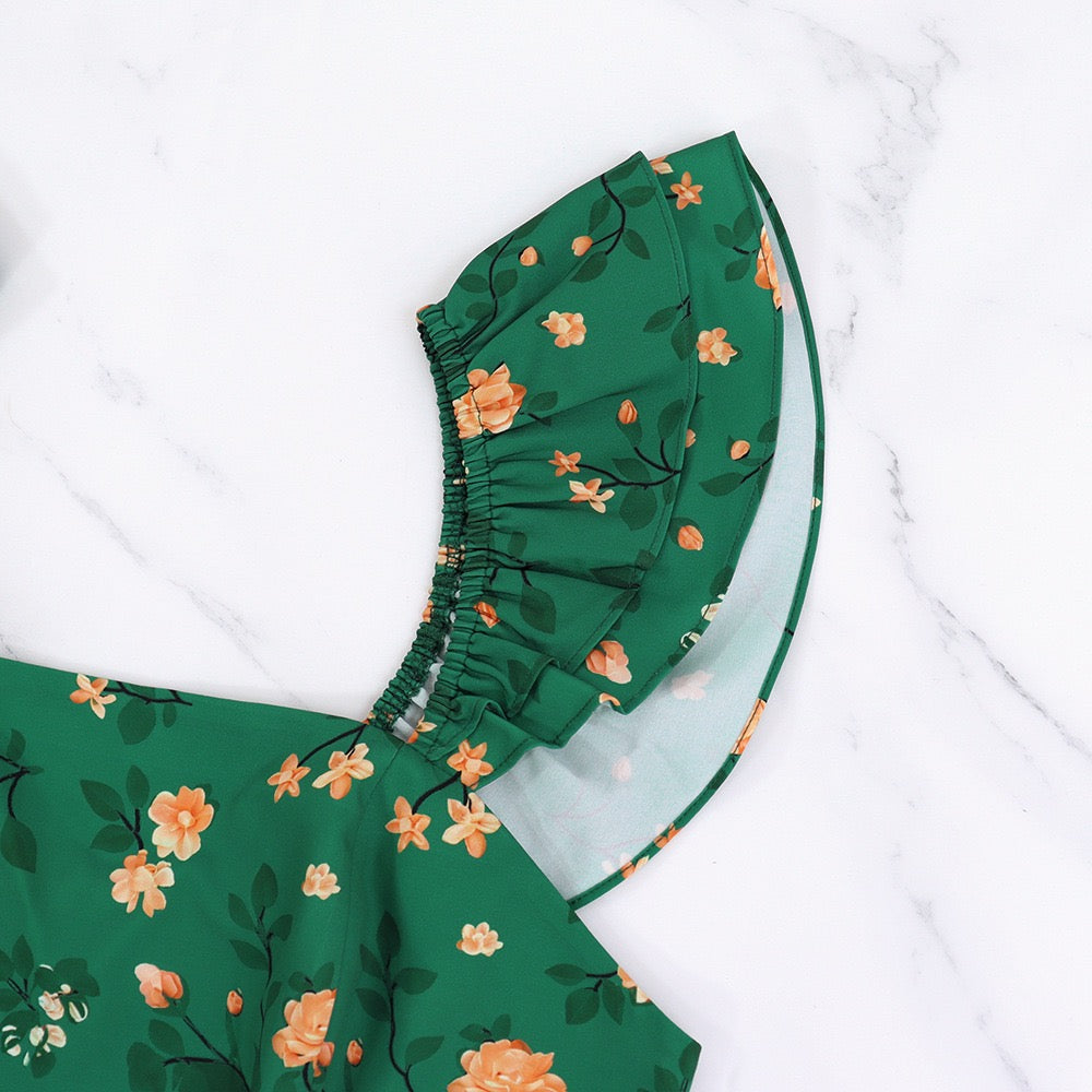 Trendy Green Printed Sleeveless Midi Dress