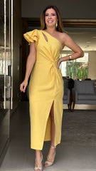 Yellow One-Shoulder Locking Eyelet Midi Dress