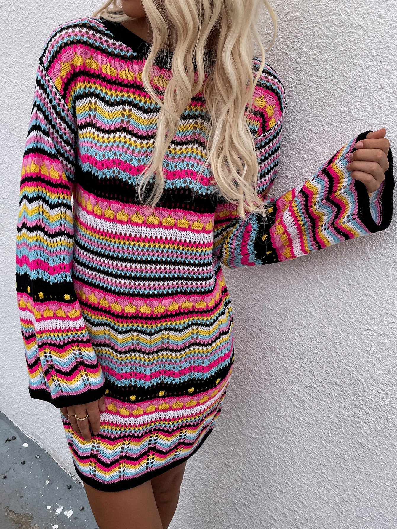 Zig Zag Crochet Knit Dress - Black
