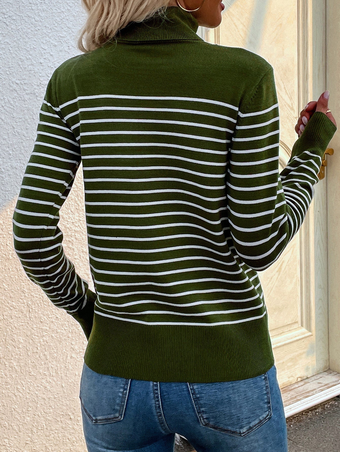 Green Stripe Turtleneck Knit Top