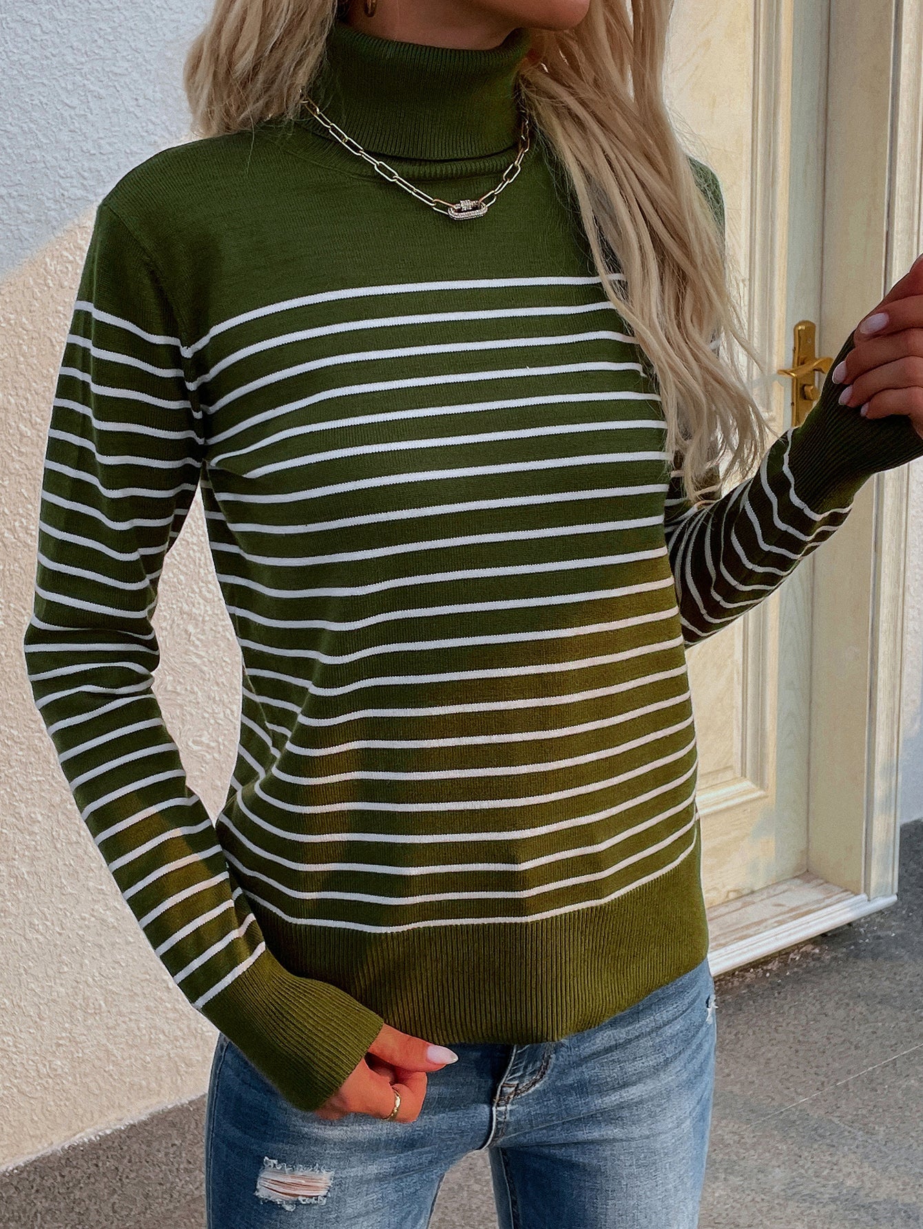 Green Stripe Turtleneck Knit Top