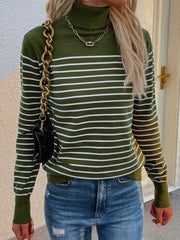 Green Stripe Turtleneck Knit Top