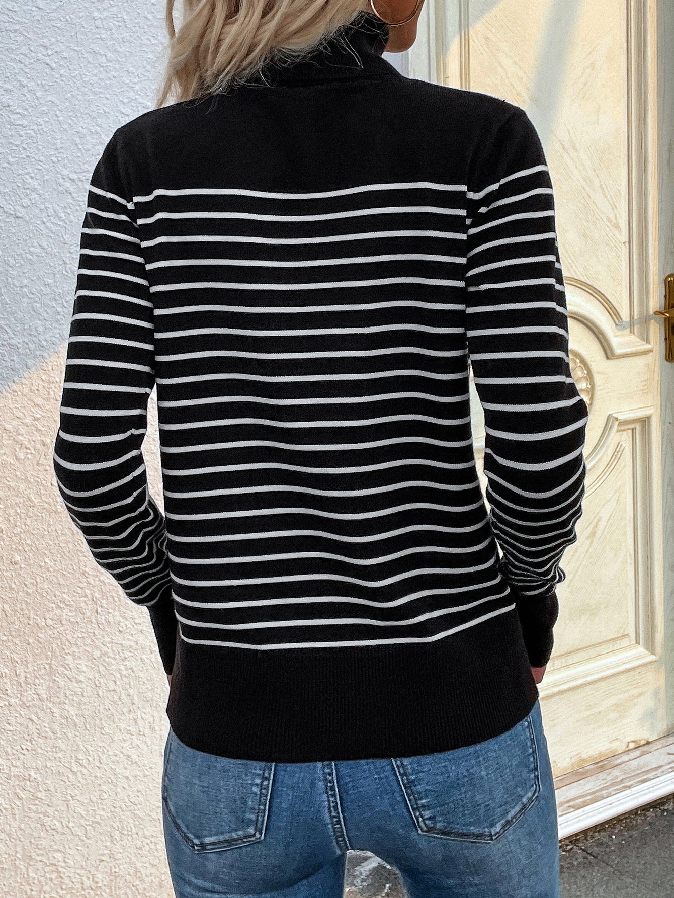 Black Stripe Turtleneck Knit Top