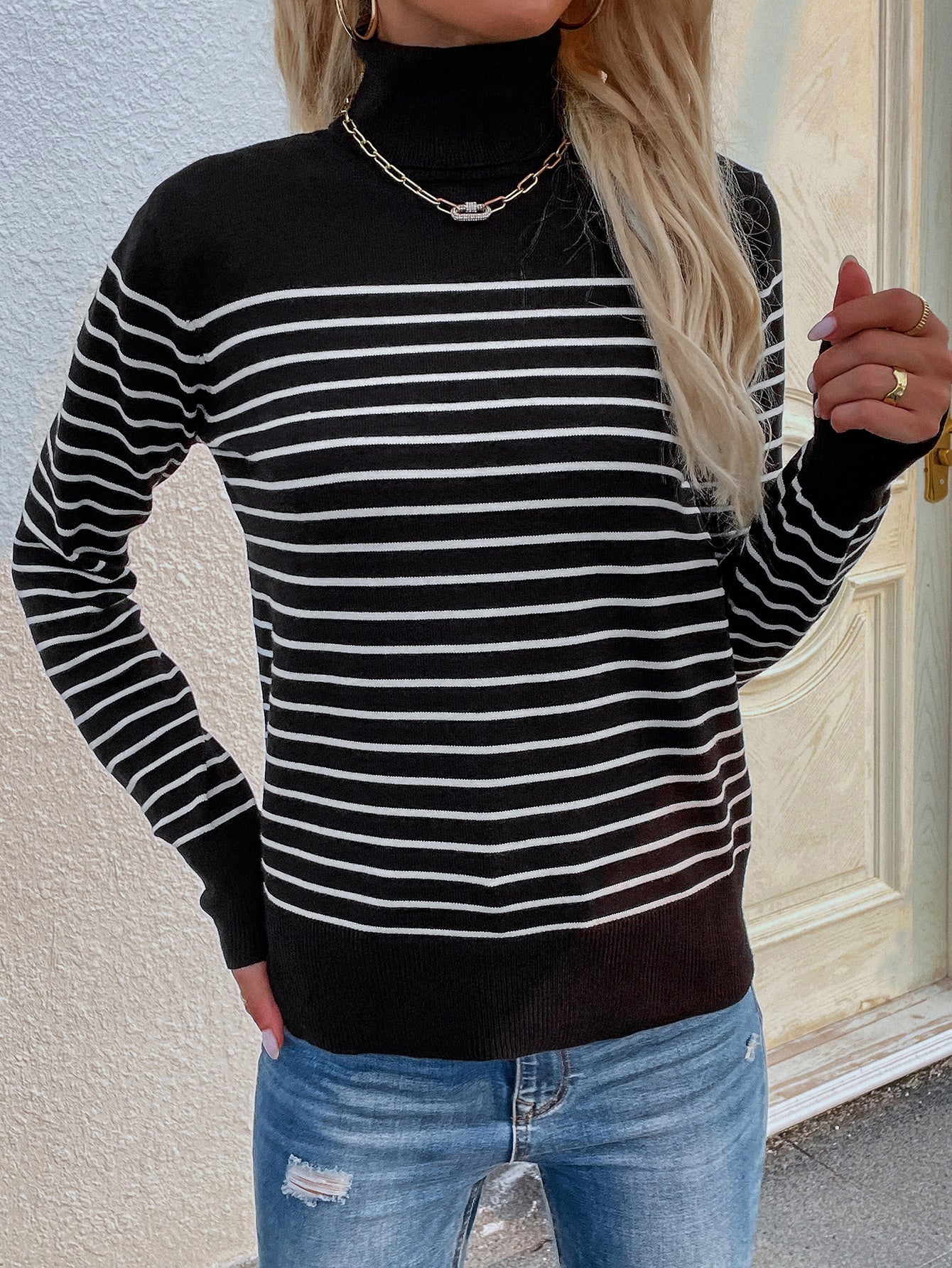 Black Stripe Turtleneck Knit Top