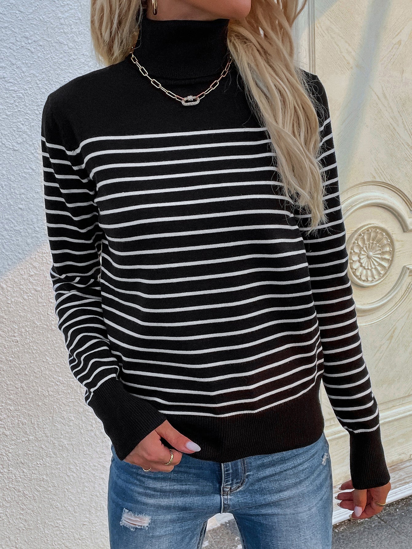 Black Stripe Turtleneck Knit Top