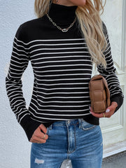 Black Stripe Turtleneck Knit Top