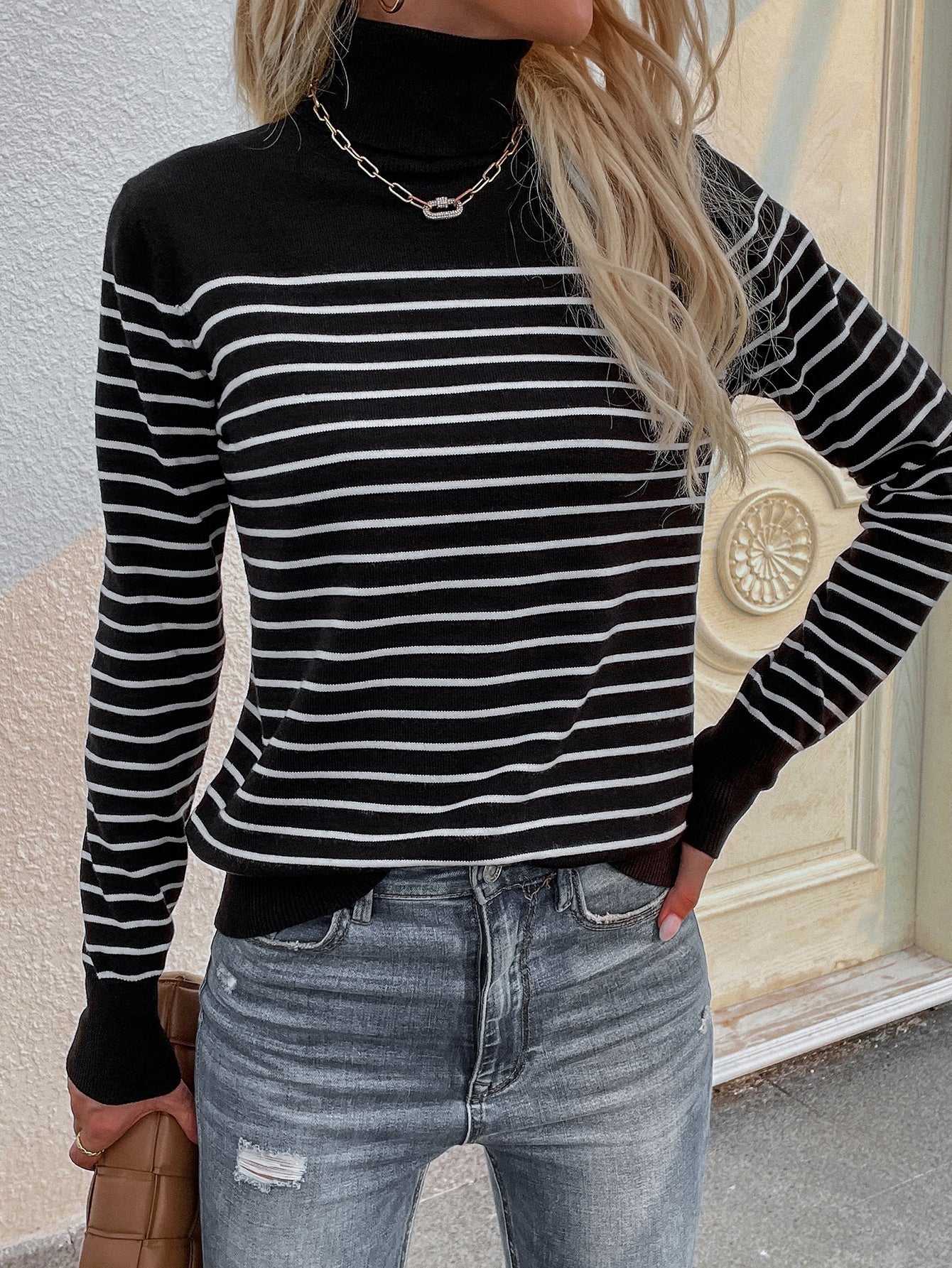 Black Stripe Turtleneck Knit Top