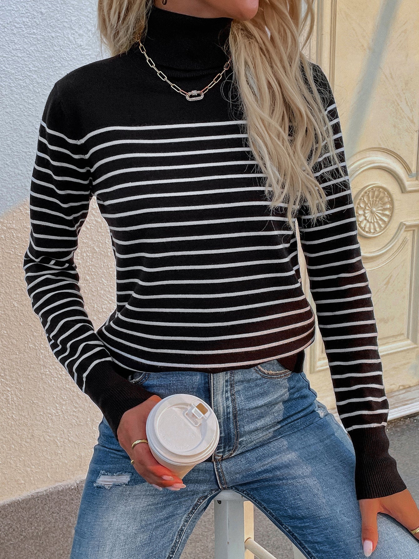 Black Stripe Turtleneck Knit Top