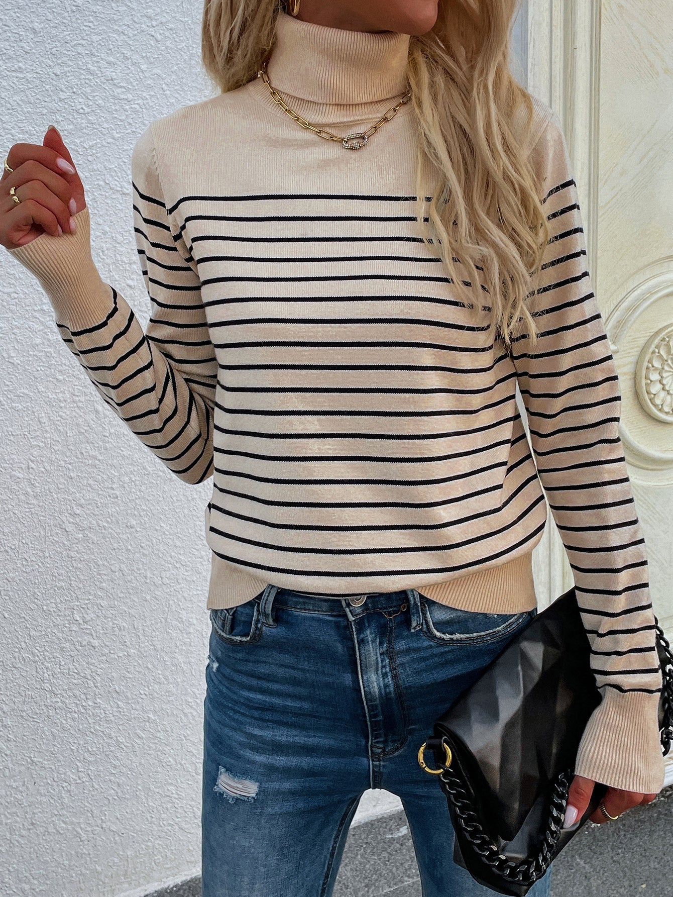 Beige Stripe Turtleneck Knit Top