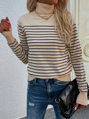Beige Stripe Turtleneck Knit Top