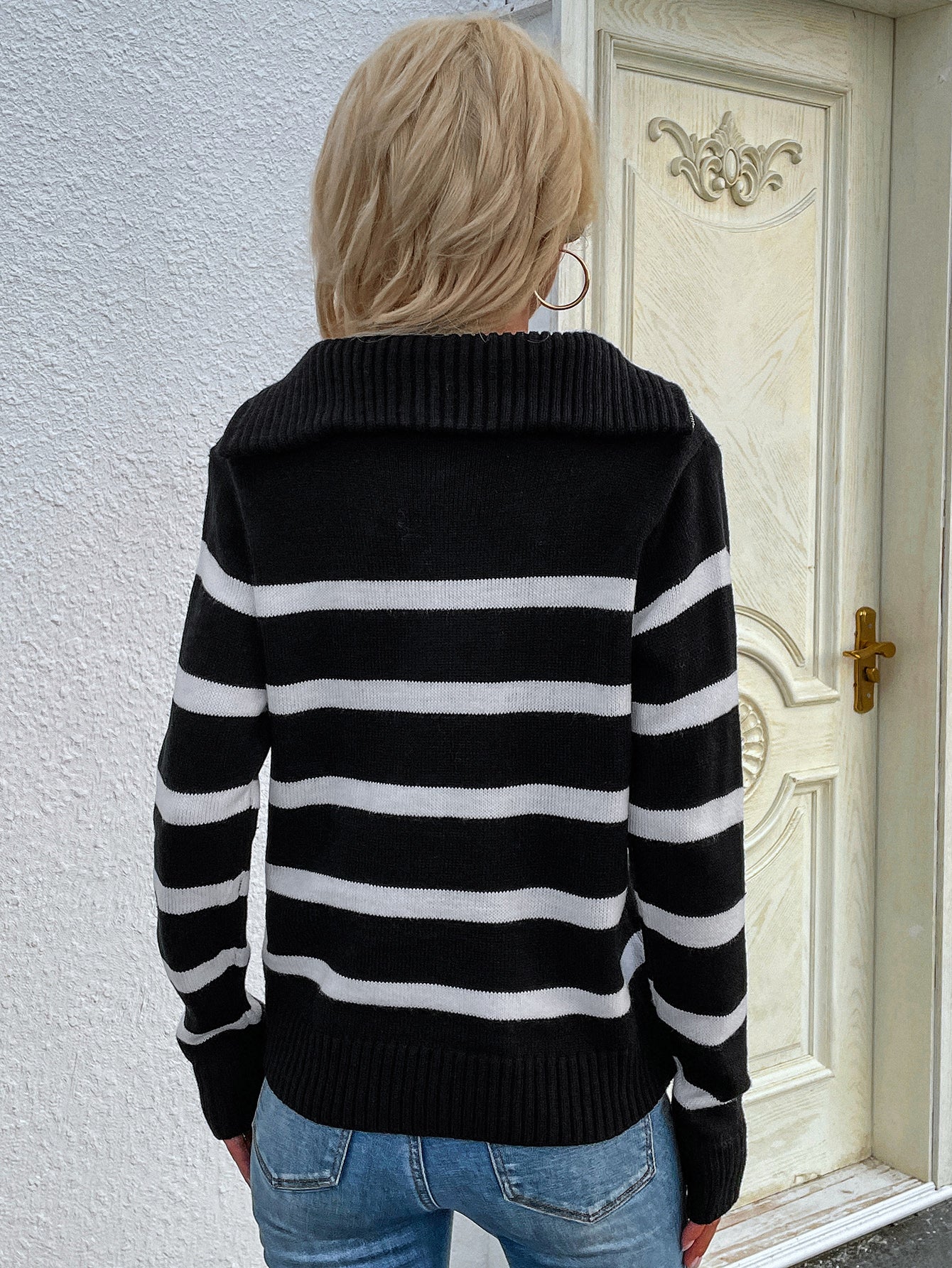 Black Stripe Quarter-Zip Knit Pullover