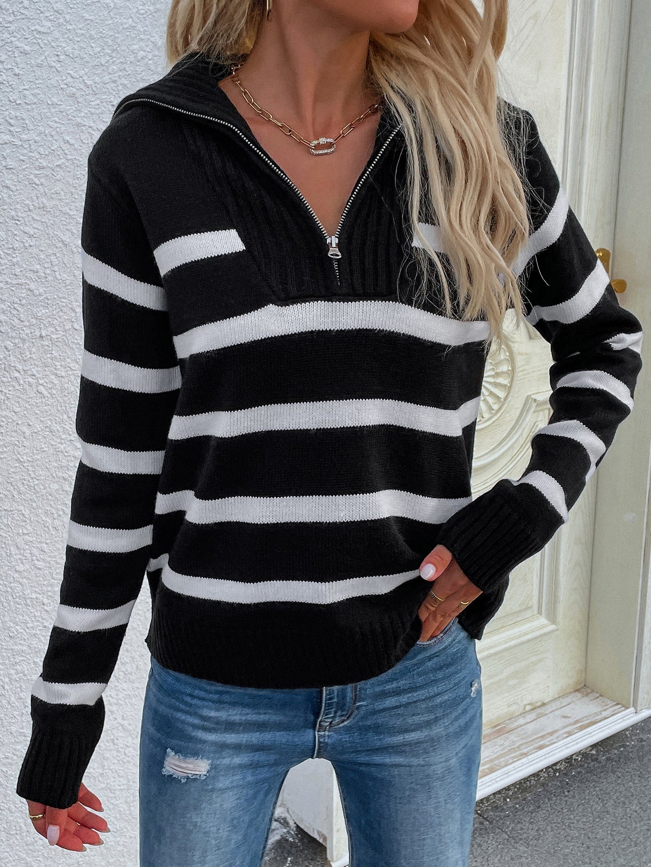 Black Stripe Quarter-Zip Knit Pullover