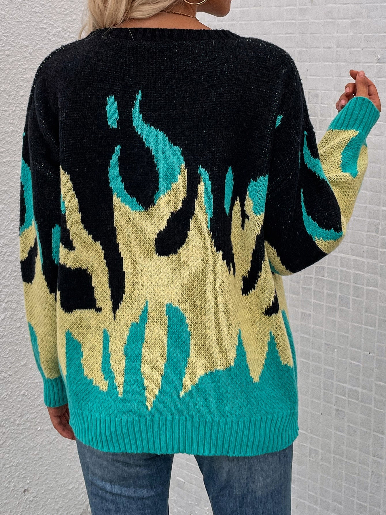 Green Yellow Flame Black Knit Sweater