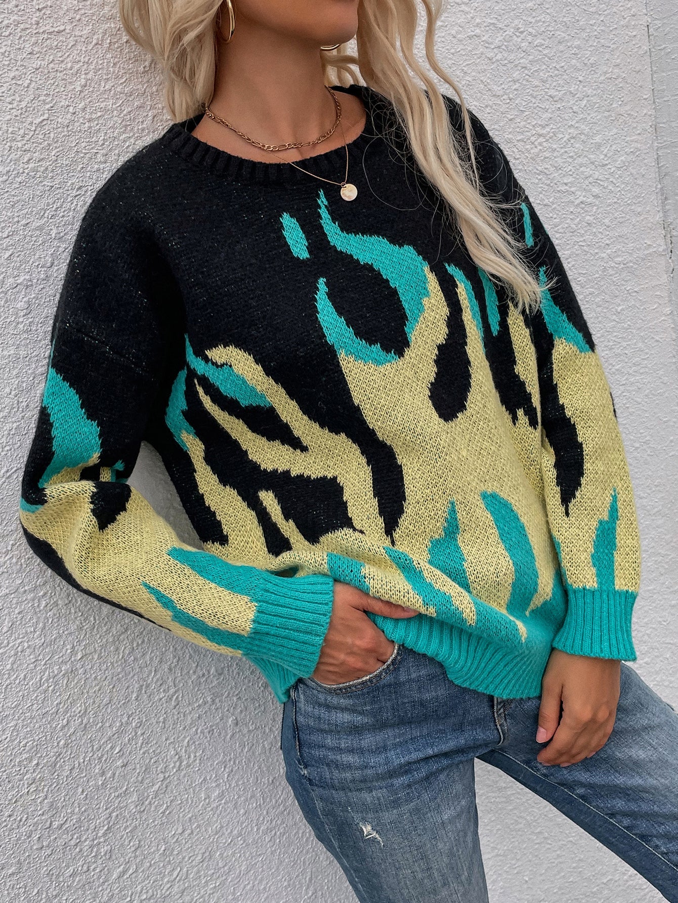 Green Yellow Flame Black Knit Sweater