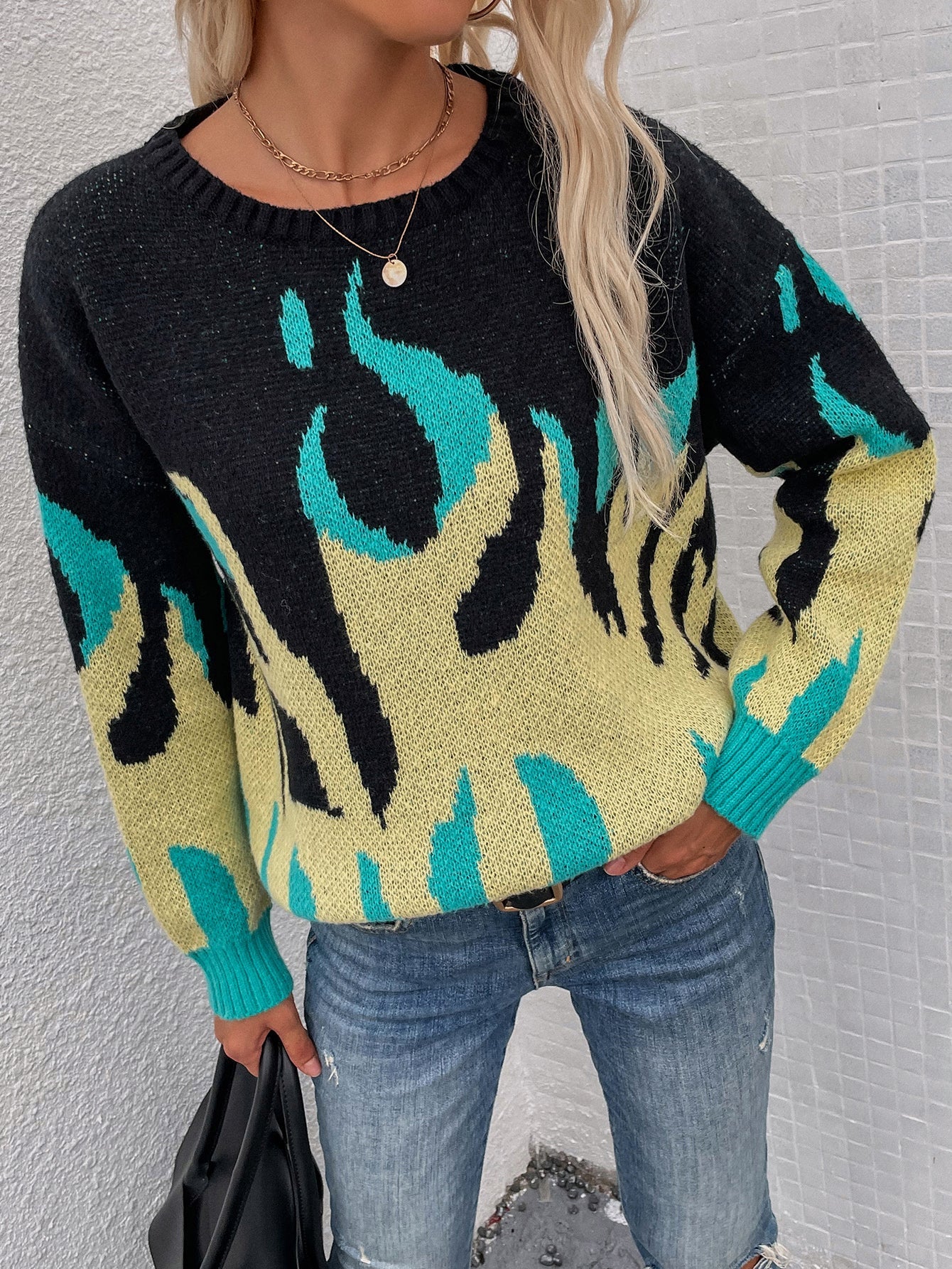 Green Yellow Flame Black Knit Sweater