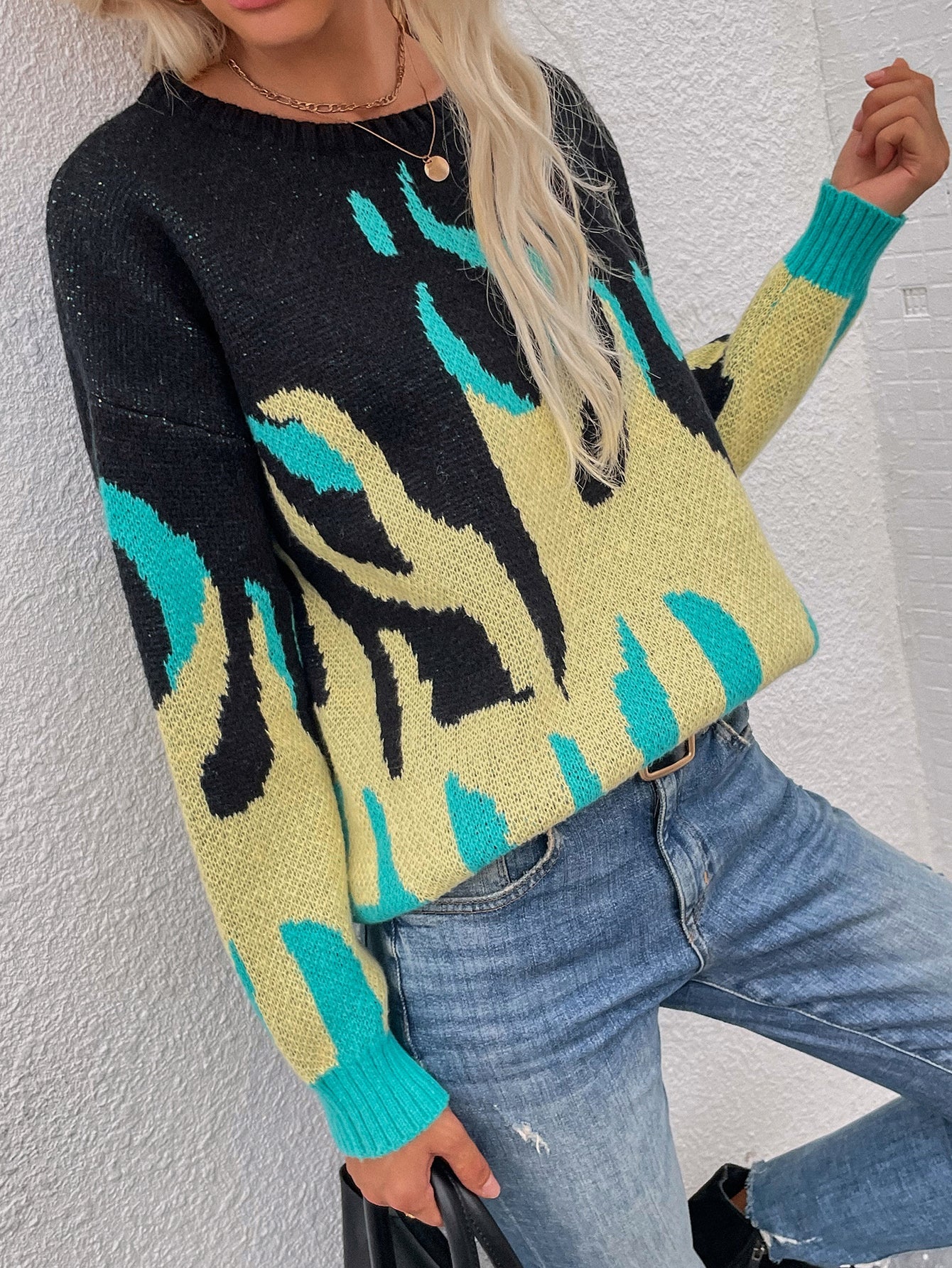 Green Yellow Flame Black Knit Sweater