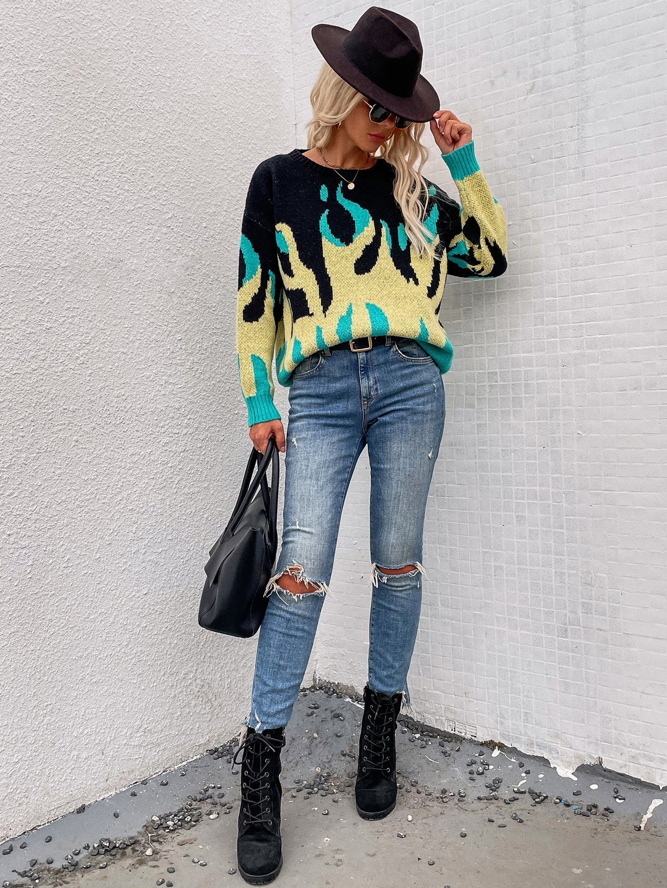 Green Yellow Flame Black Knit Sweater