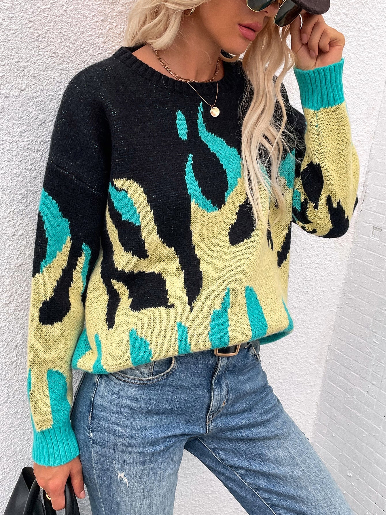 Green Yellow Flame Black Knit Sweater