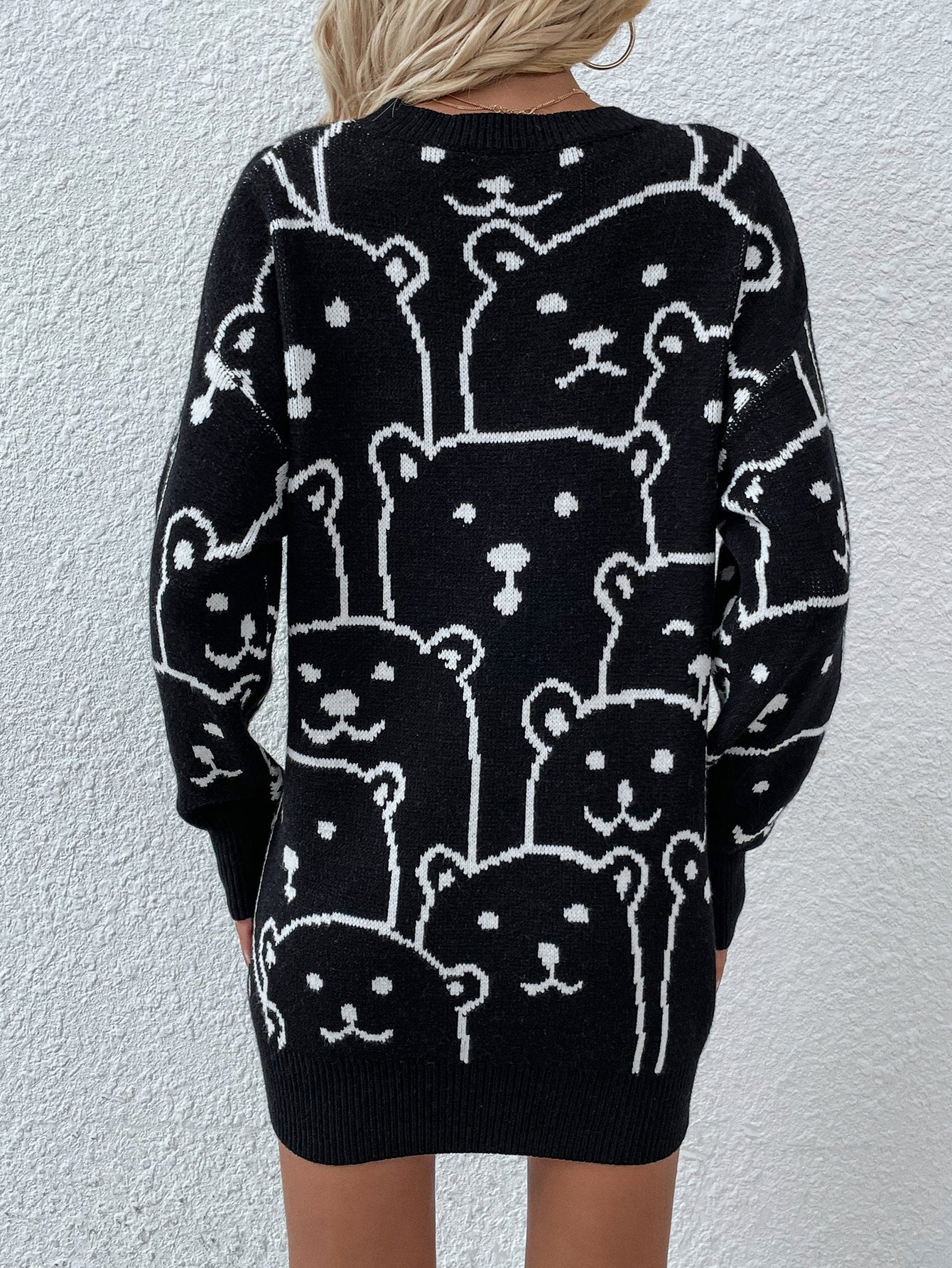 Smiley Polar Bear Black Knit Sweater Dress