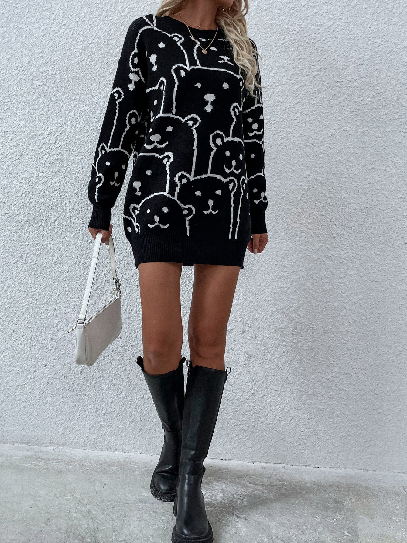Smiley Polar Bear Black Knit Sweater Dress