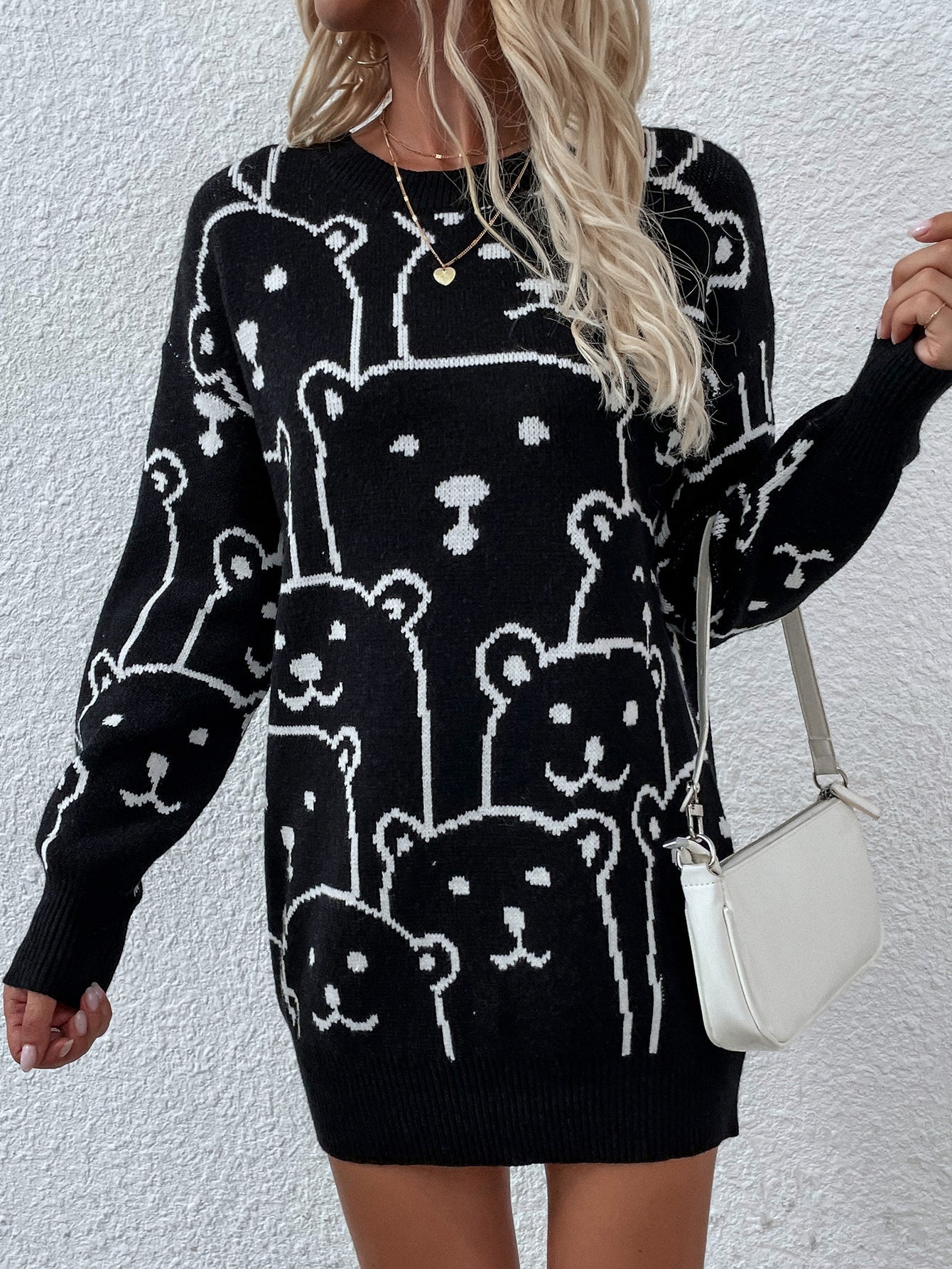 Smiley Polar Bear Black Knit Sweater Dress