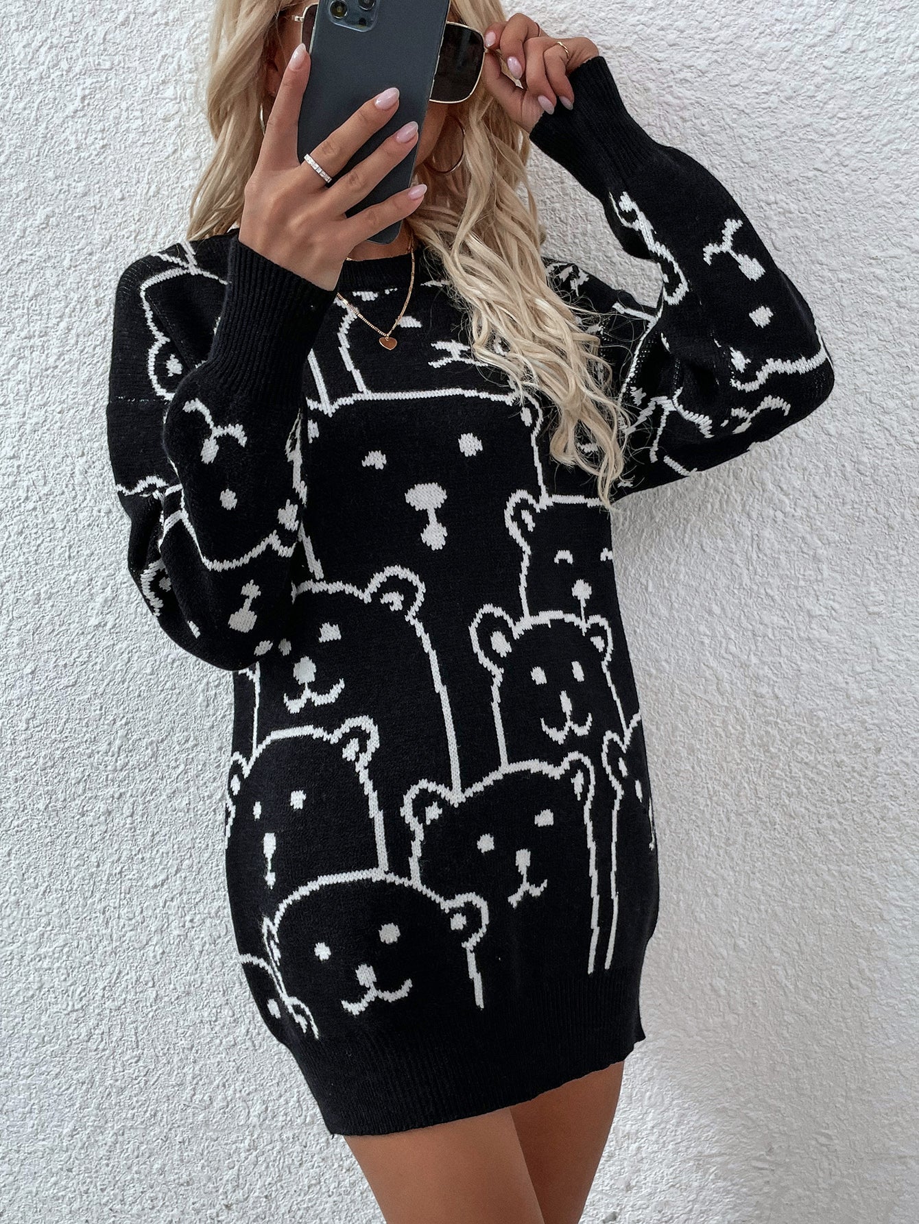 Smiley Polar Bear Black Knit Sweater Dress