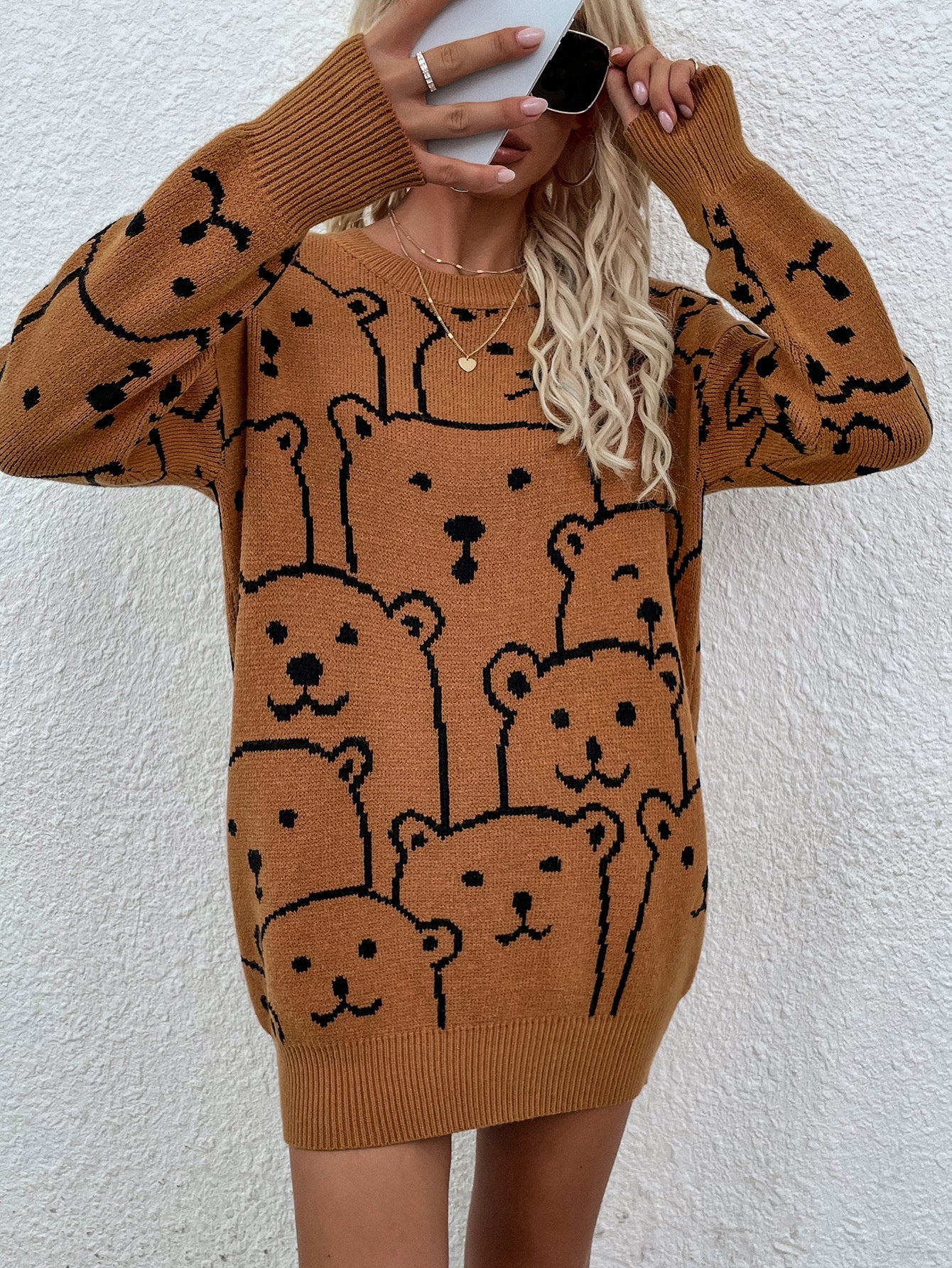 Smiley Polar Bear Brown Knit Sweater Dress