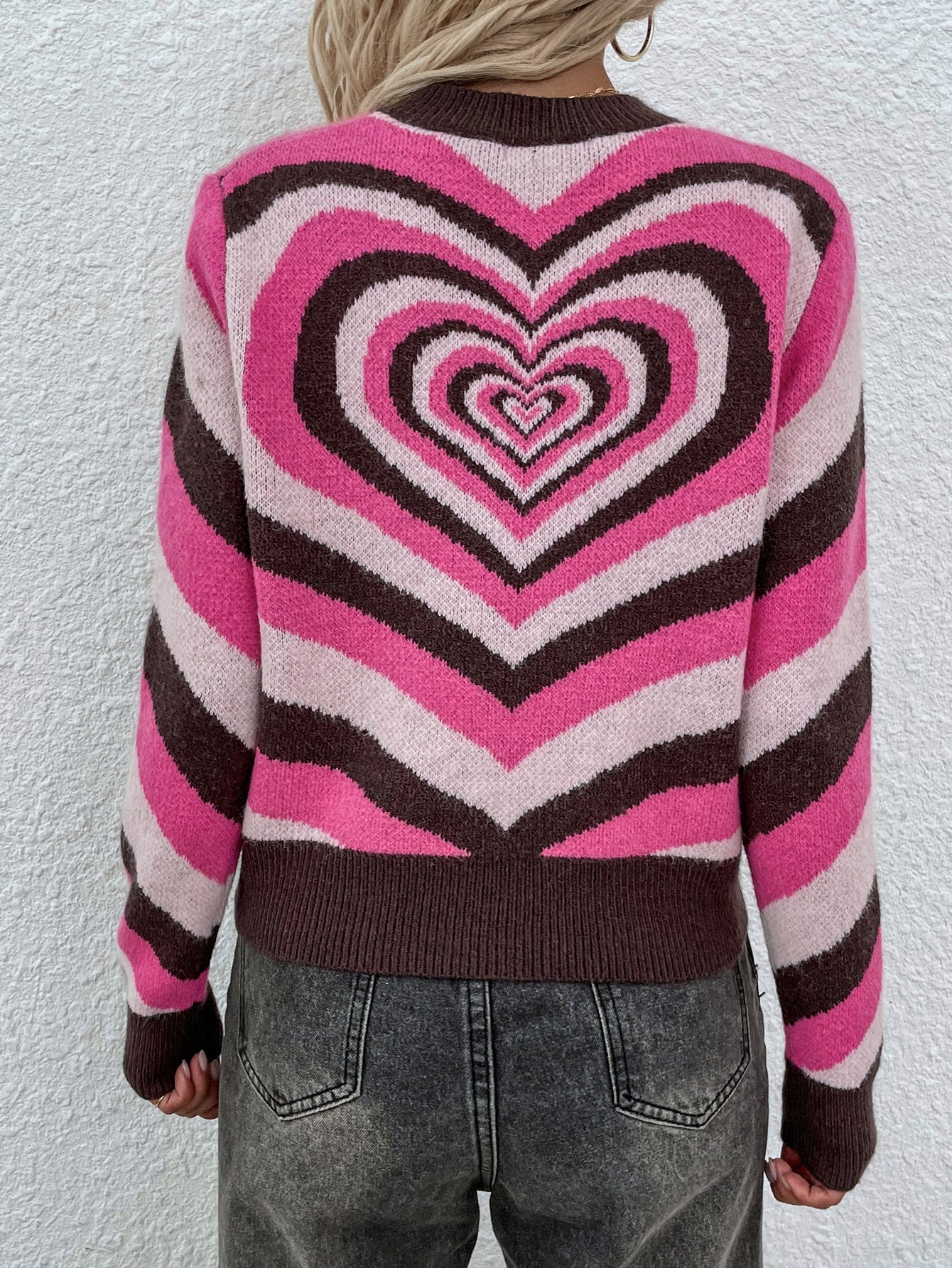 Brown Pink Heart Ring Knit Top