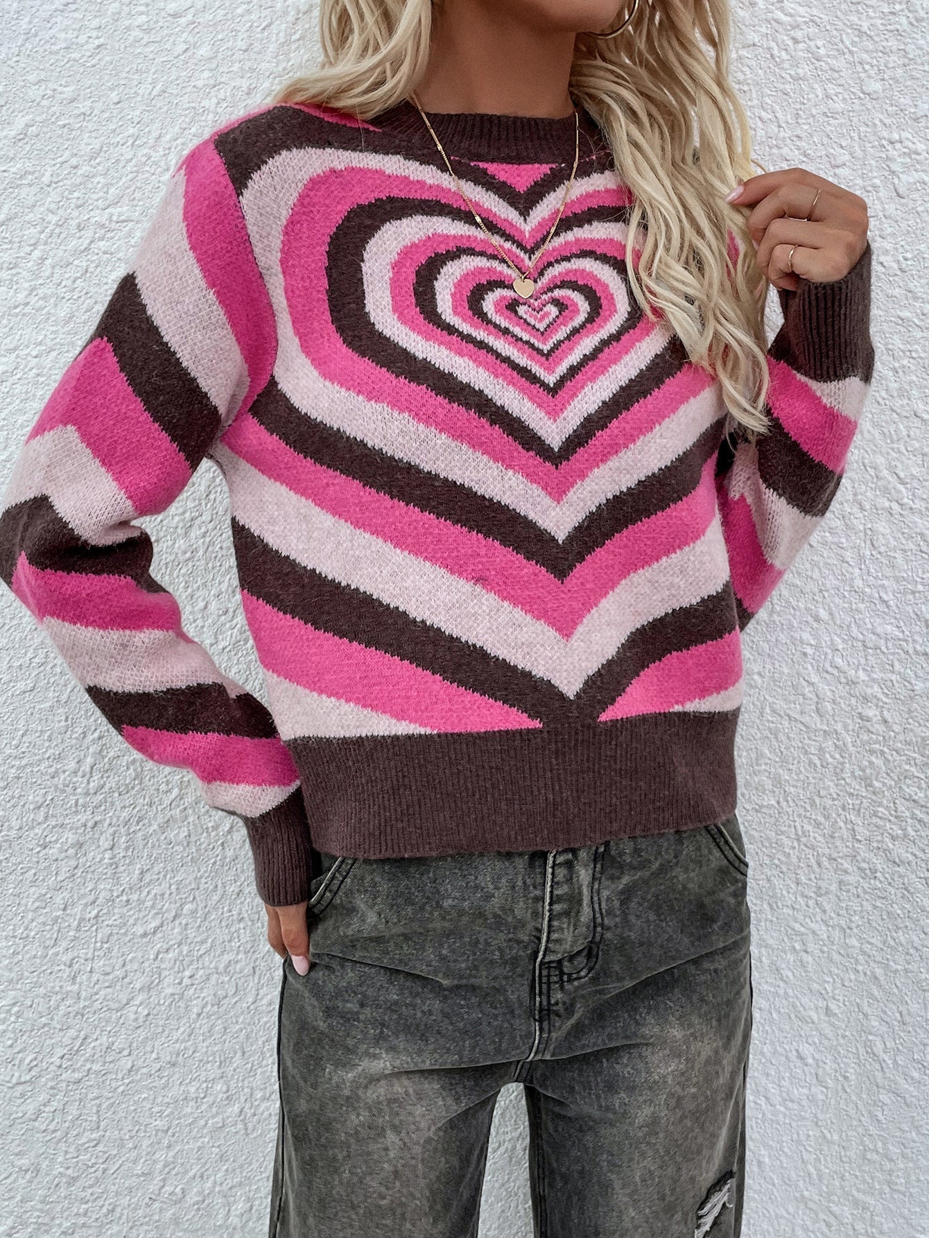 Brown Pink Heart Ring Knit Top