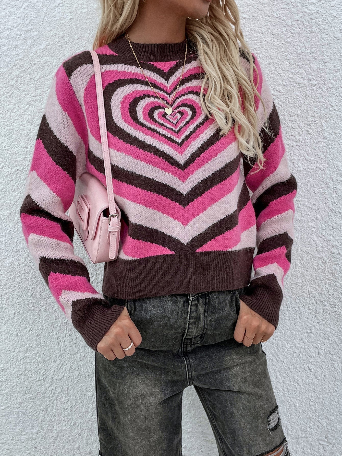Brown Pink Heart Ring Knit Top