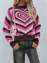Brown Pink Heart Ring Knit Top