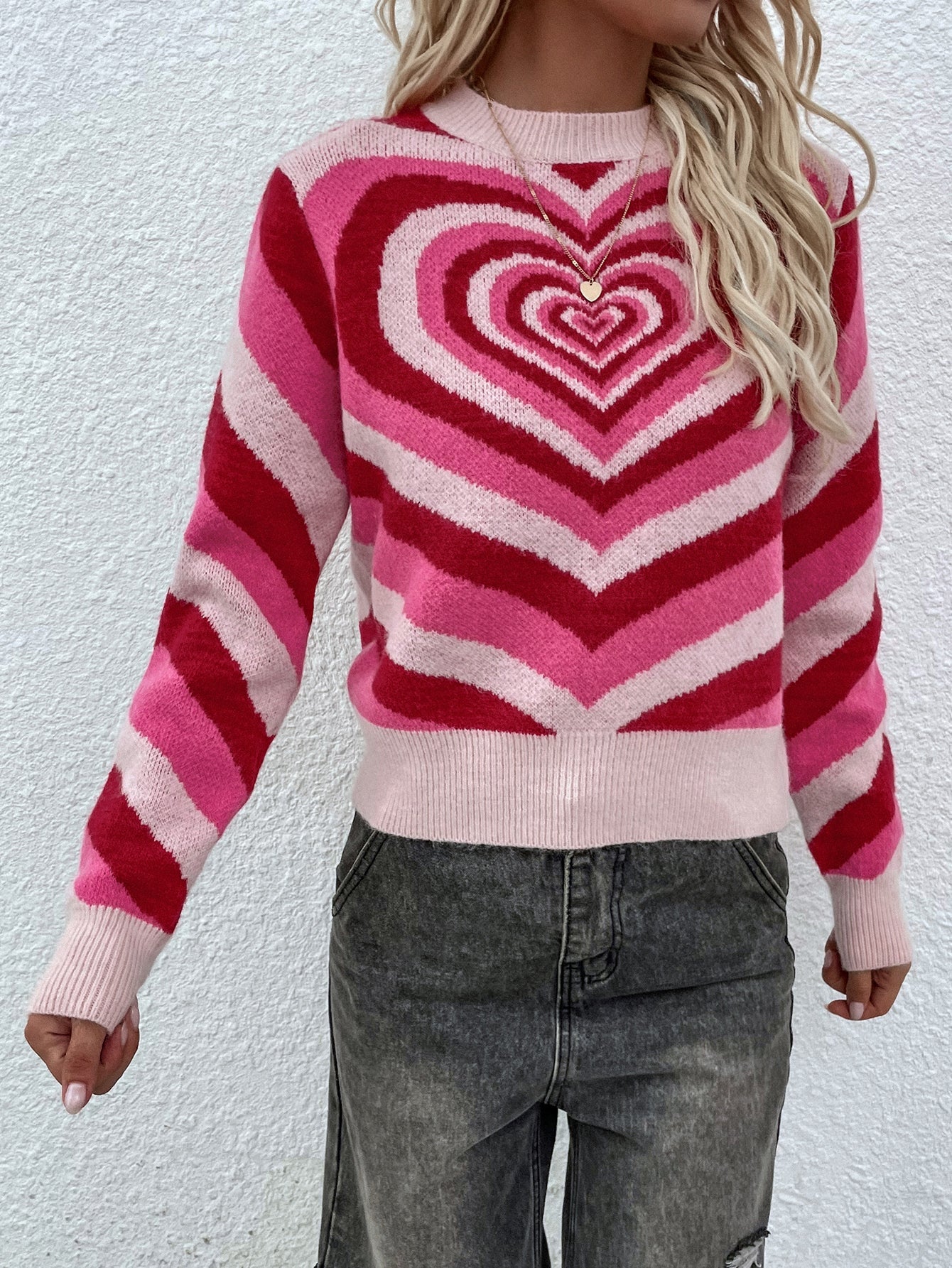 Pink Red Heart Ring Knit Top