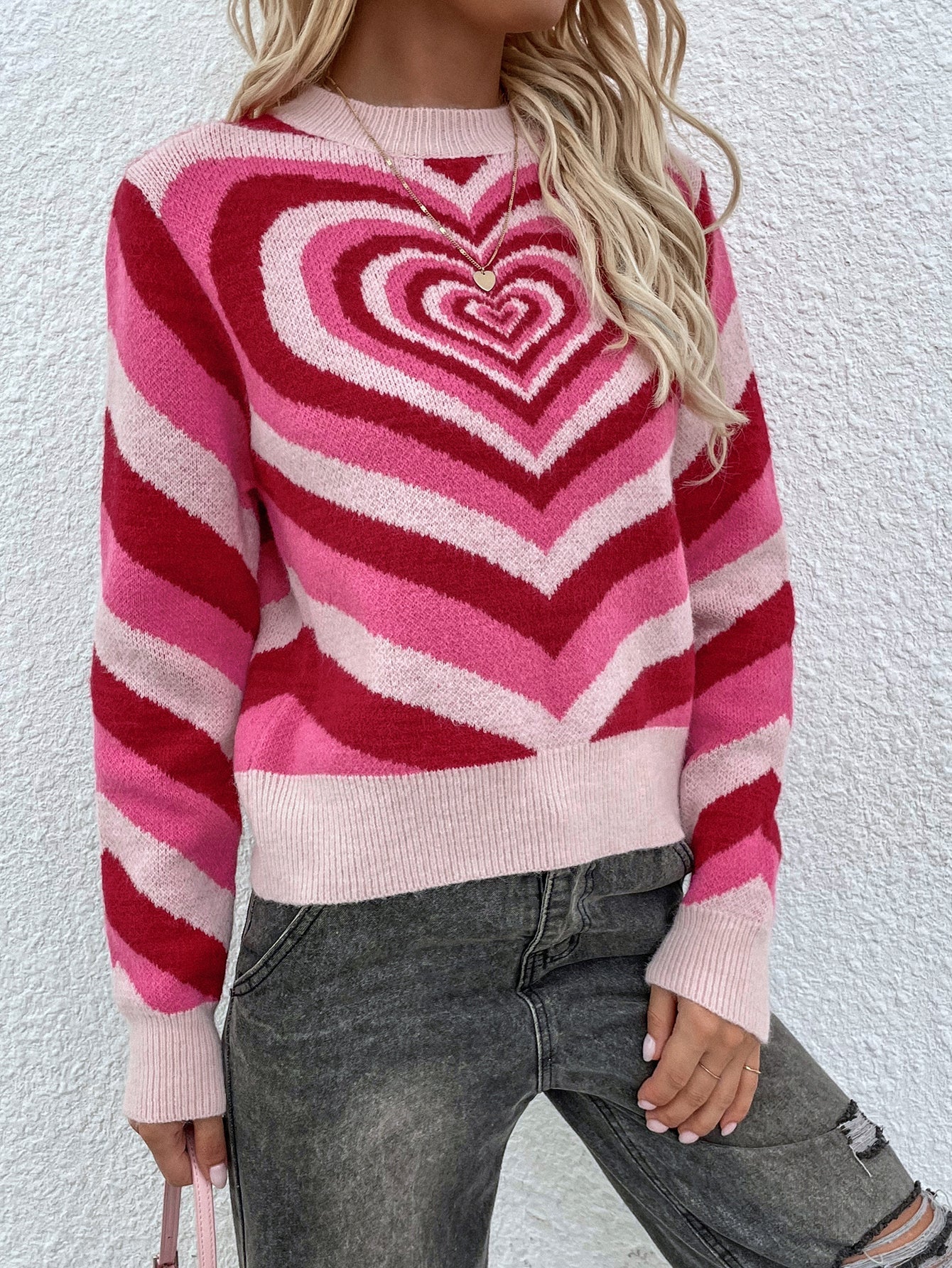 Pink Red Heart Ring Knit Top