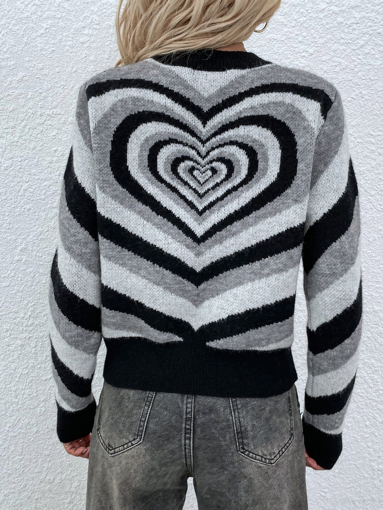 Black Grey Heart Ring Knit Top