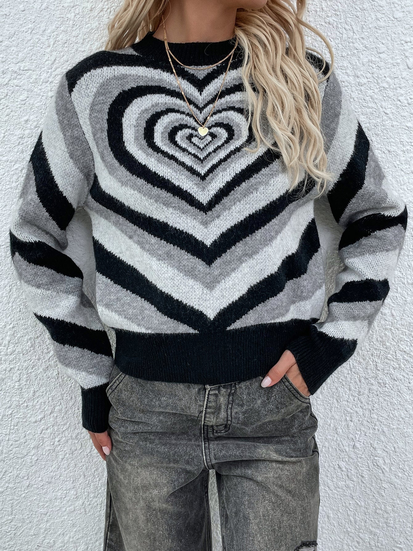 Black Grey Heart Ring Knit Top