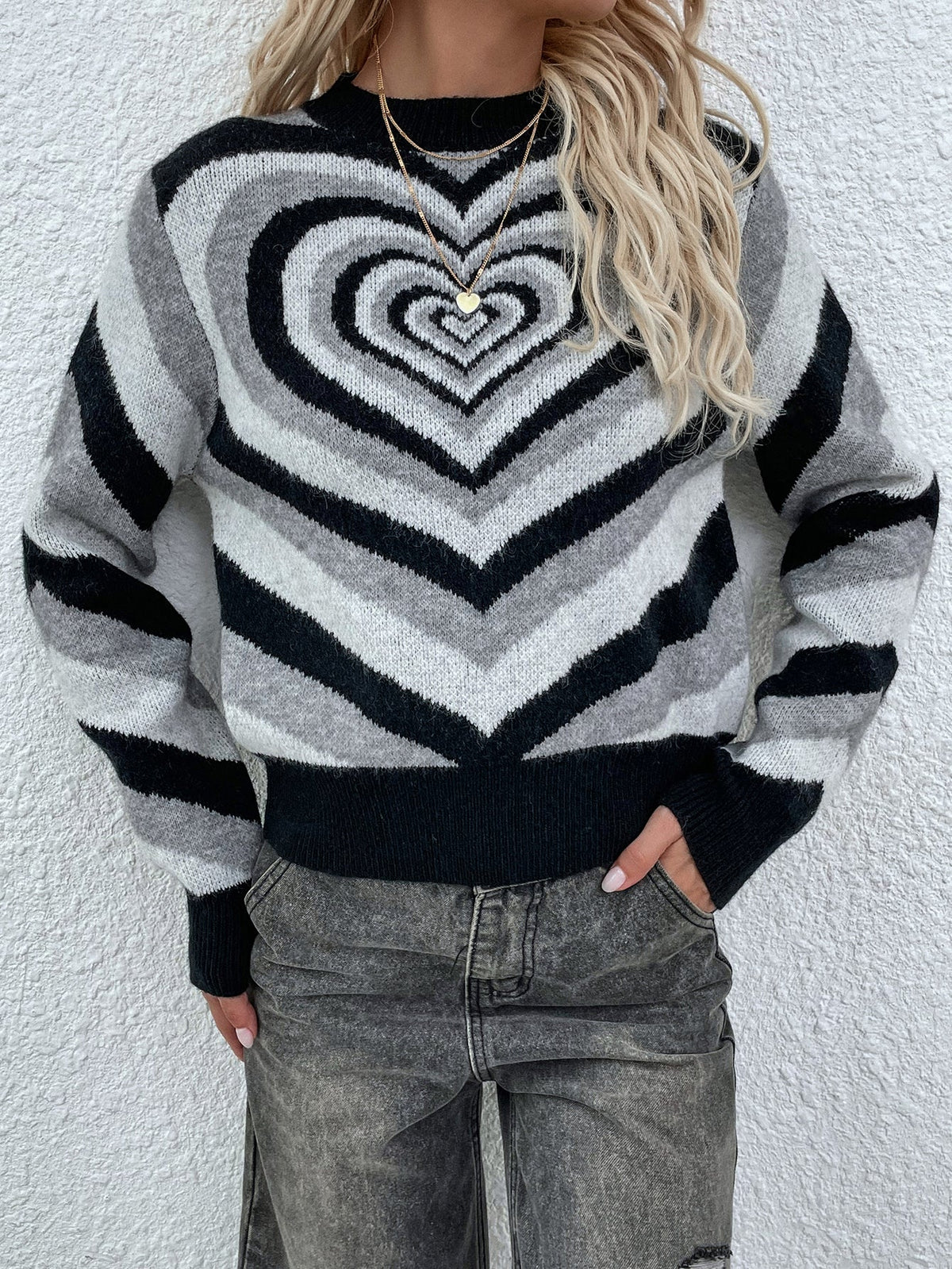 Black Grey Heart Ring Knit Top