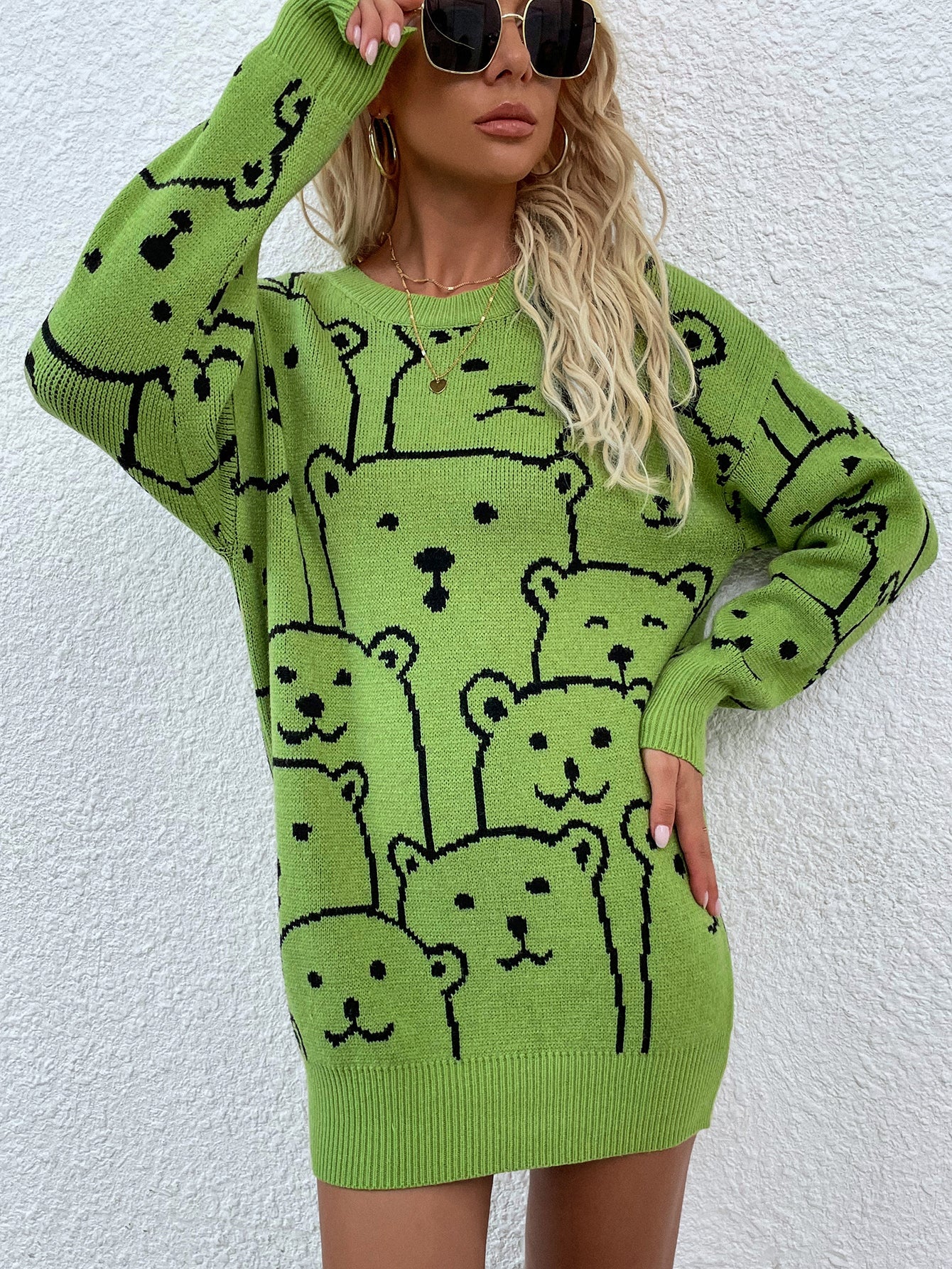 Green Smiley Polar Bear Knit Sweater Dress