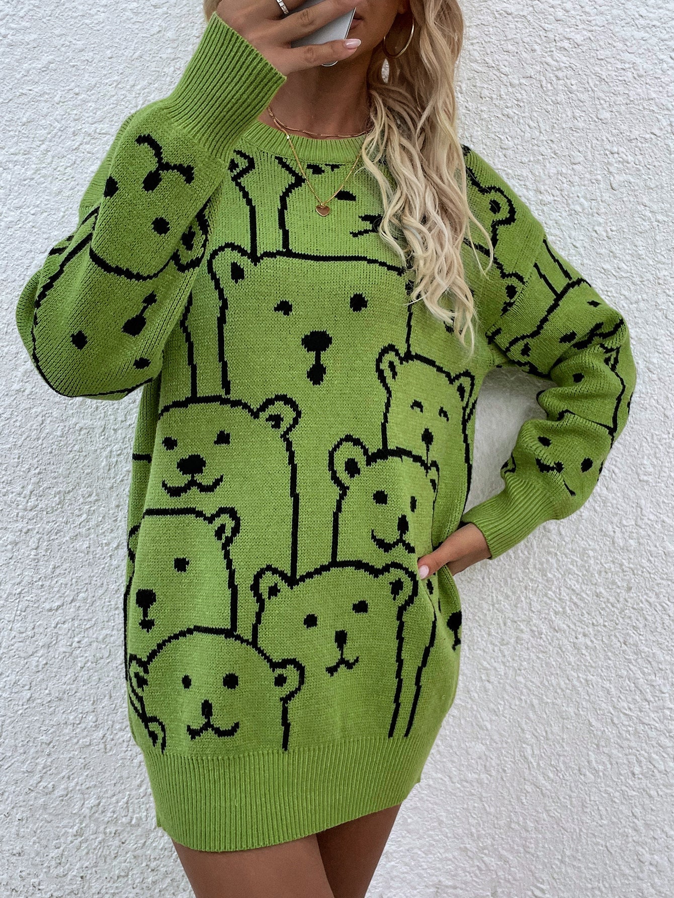 Green Smiley Polar Bear Knit Sweater Dress