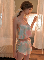 Ice Silk Lace Sleepwear Sleeveless Bow Swing Collar Tops and Shorts 2pcs Set