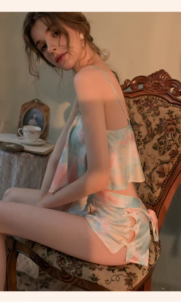 Ice Silk Lace Sleepwear Sleeveless Bow Swing Collar Tops and Shorts 2pcs Set