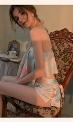 Ice Silk Lace Sleepwear Sleeveless Bow Swing Collar Tops and Shorts 2pcs Set