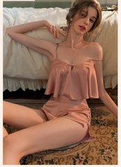 Ice Silk Lace Sleepwear Sleeveless Bow Swing Collar Tops and Shorts 2pcs Set