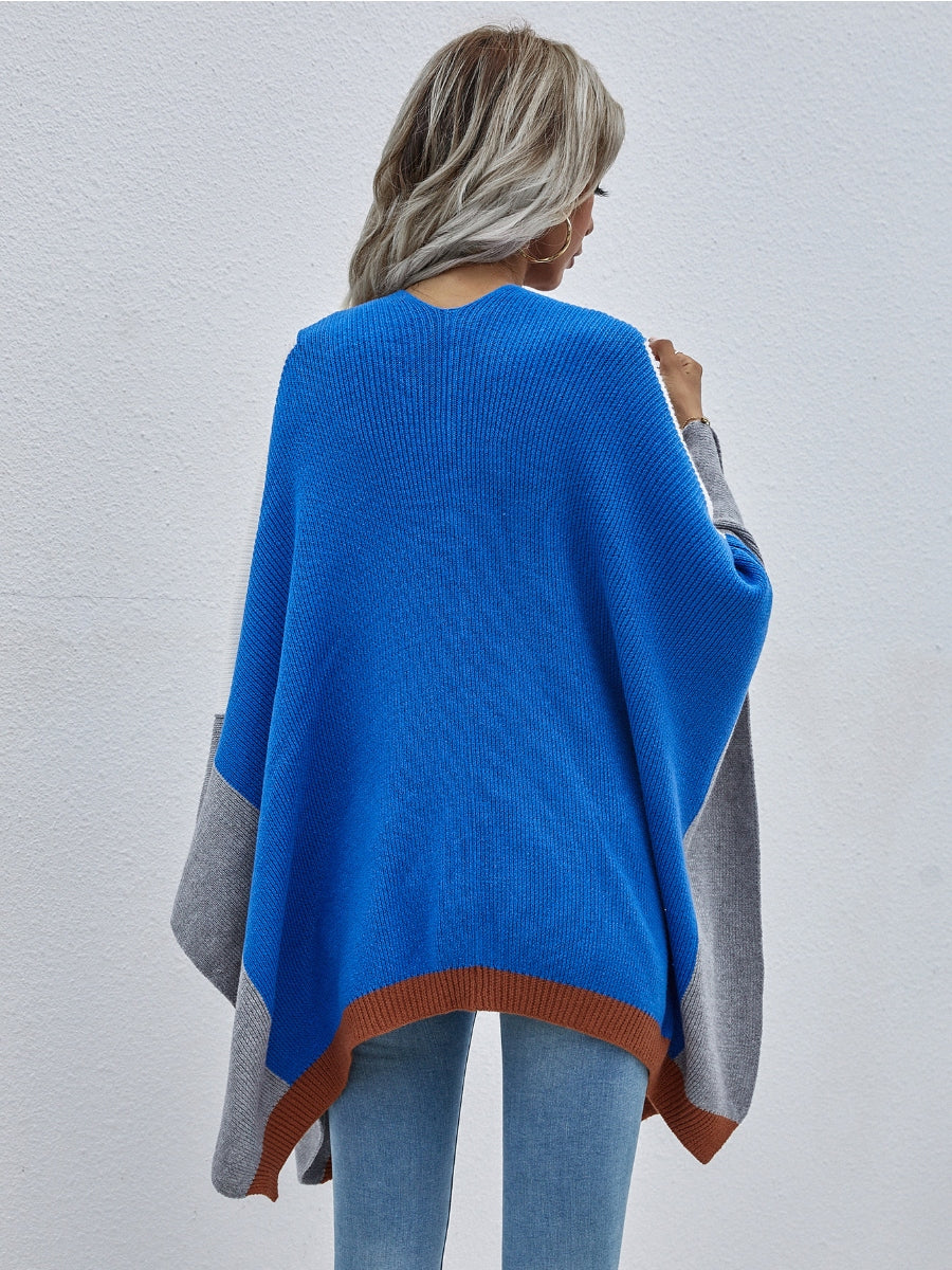 Color Block Knit Ruana - Blue & Grey