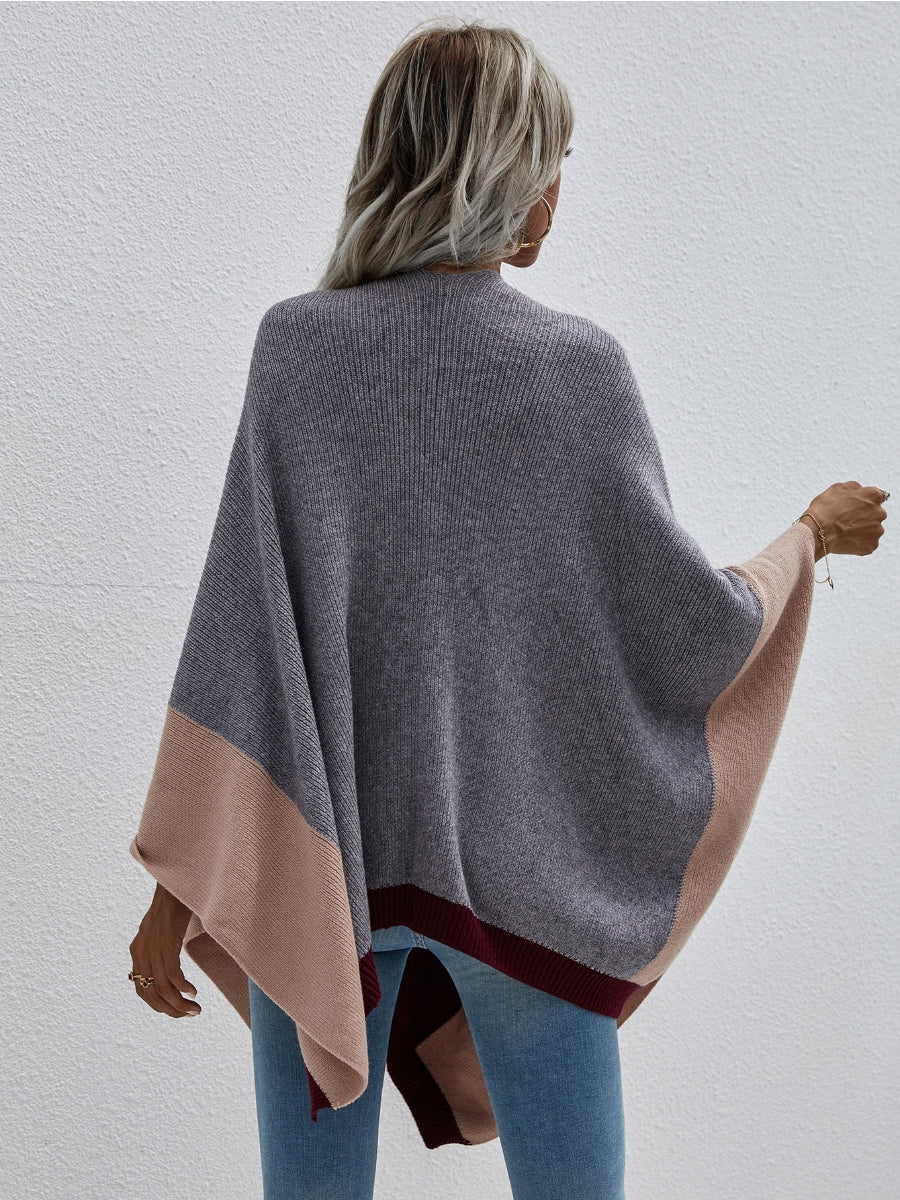 Color Block Knit Ruana - Grey & Beige