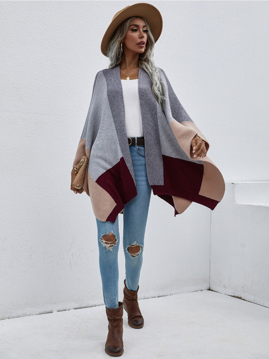 Color Block Knit Ruana - Grey & Beige