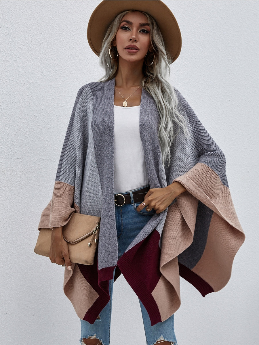 Color Block Knit Ruana - Grey & Beige