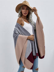 Color Block Knit Ruana - Grey & Beige